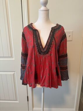 Free People Boho V-Neck Peasant Blouse in Rust Red